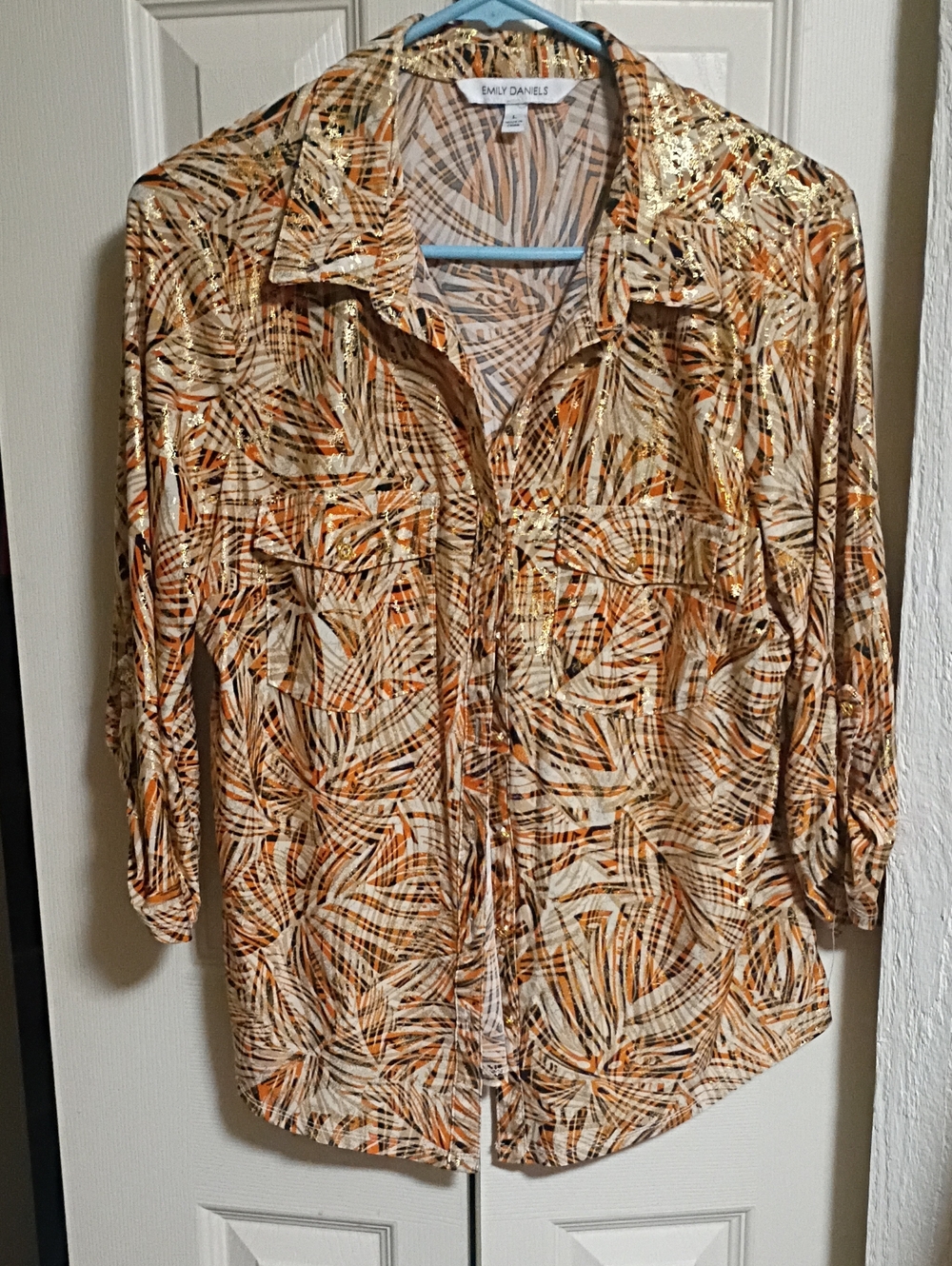 Emily Daniels Orange Leaf-Print Button Down Shirt